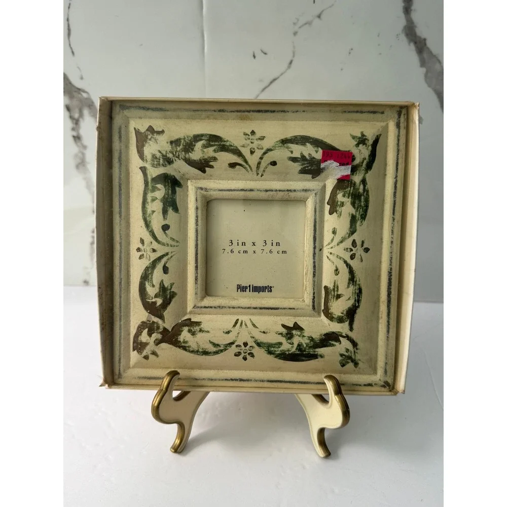 Vintage Pier 1 Imports Square 3x3 Picture Frame Distressed Cream Green Scroll